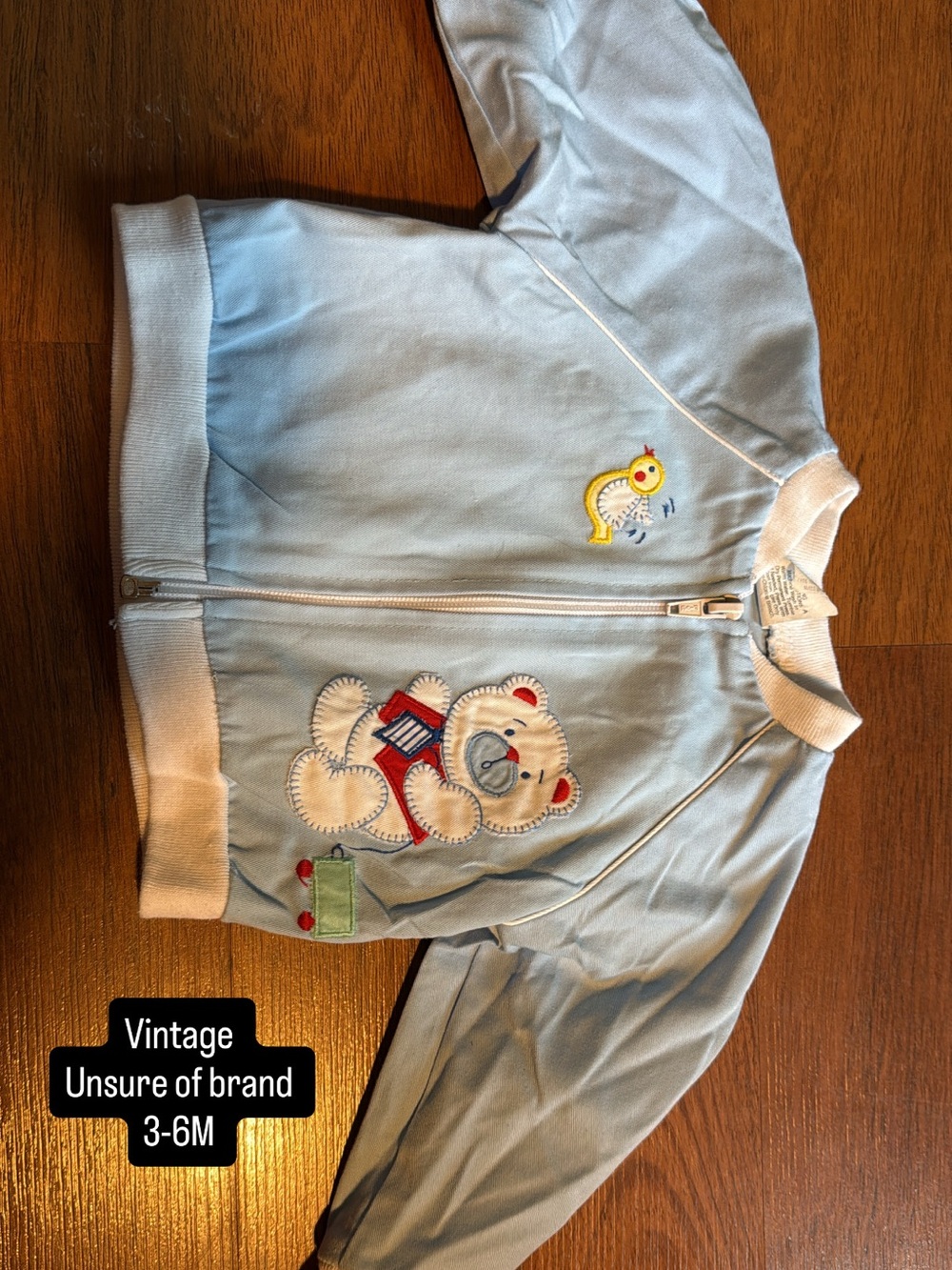 VINTAGE Light Blue Baby Jacket with Bear & Duck Embroidery